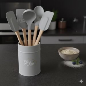 Kit Utensílios de Silicone com Cabo de Madeira – 5 Peças + Porta-Utensílios