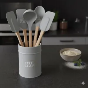 Kit Utensílios de Silicone com Cabo de Madeira – 5 Peças + Porta-Utensílios